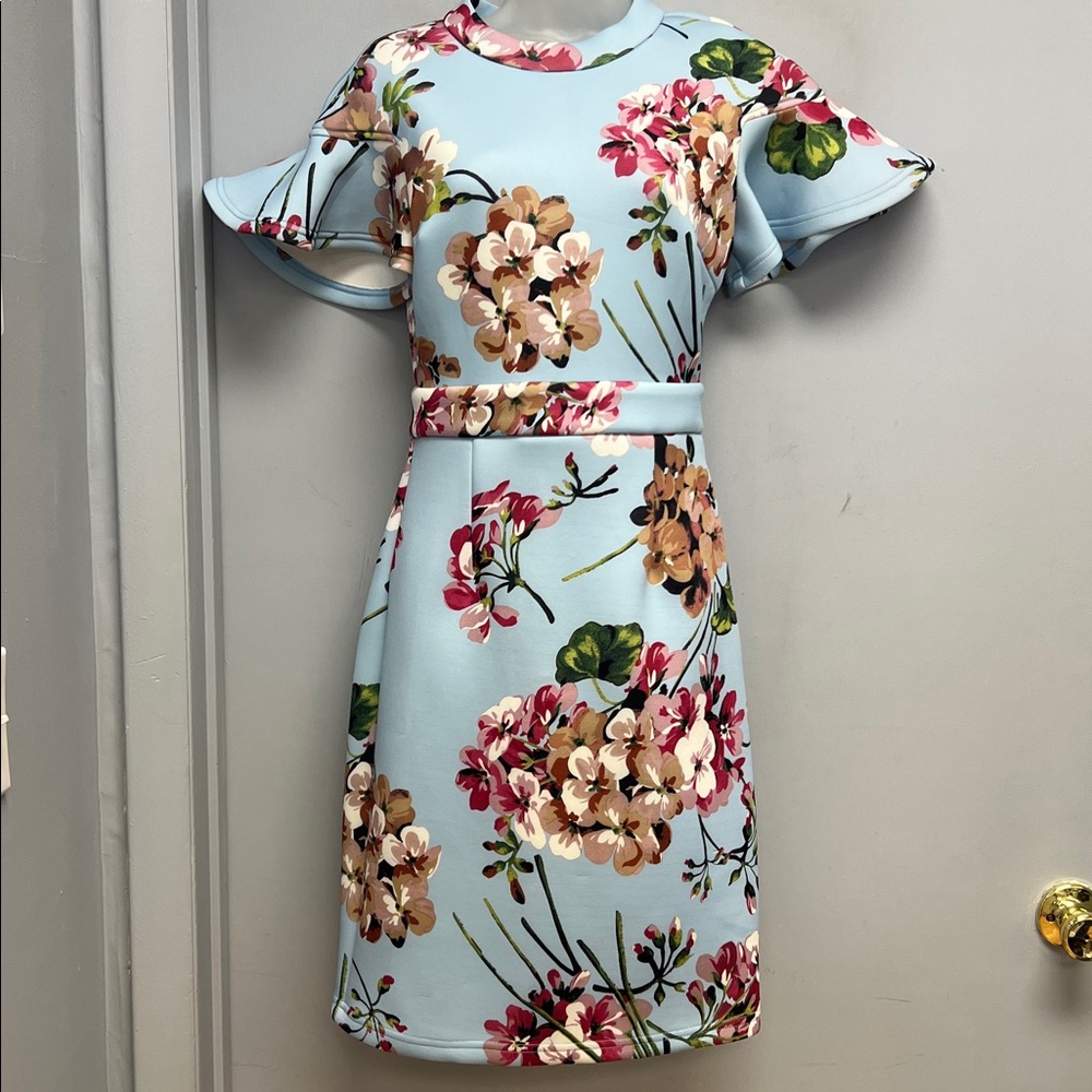 INA Light Blue Floral Scuba Dress Ruffle Sleeve Fit & Flare Size M NWT